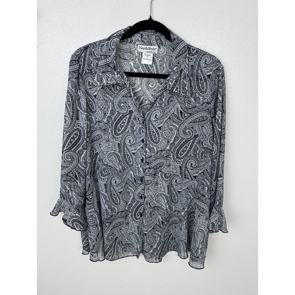 NorthStyle Paisley Blouse L Dark Romantic Whimsy Boho Ruffle Cuff Button Up - Picture 1 of 7